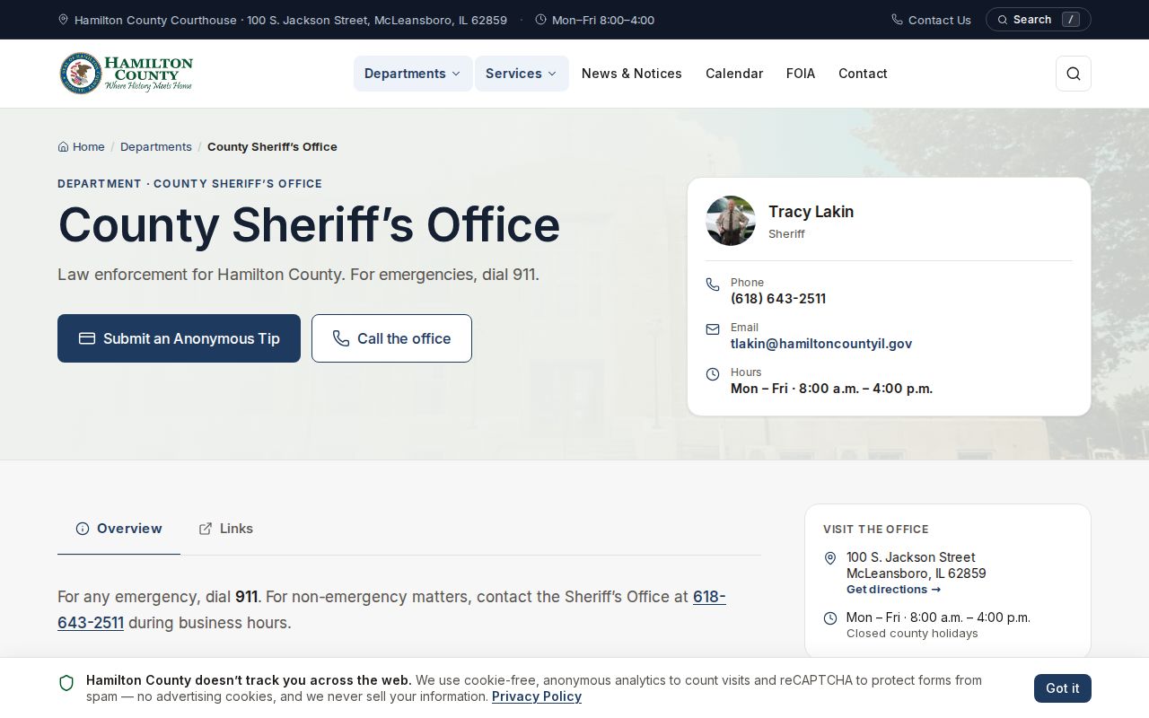 Hamilton County Sheriff Office contact and arrest-routing page