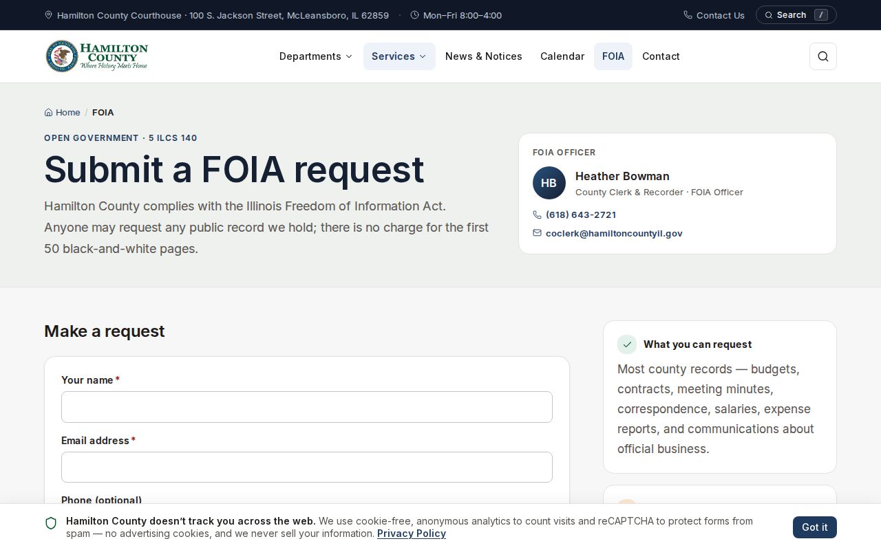 Hamilton County Illinois FOIA booking record request page